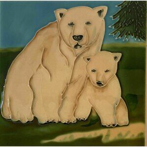 Polar Bear and Cub Decorative Ceramic Wall Art Tile 8x8 New Raised Relief Gift